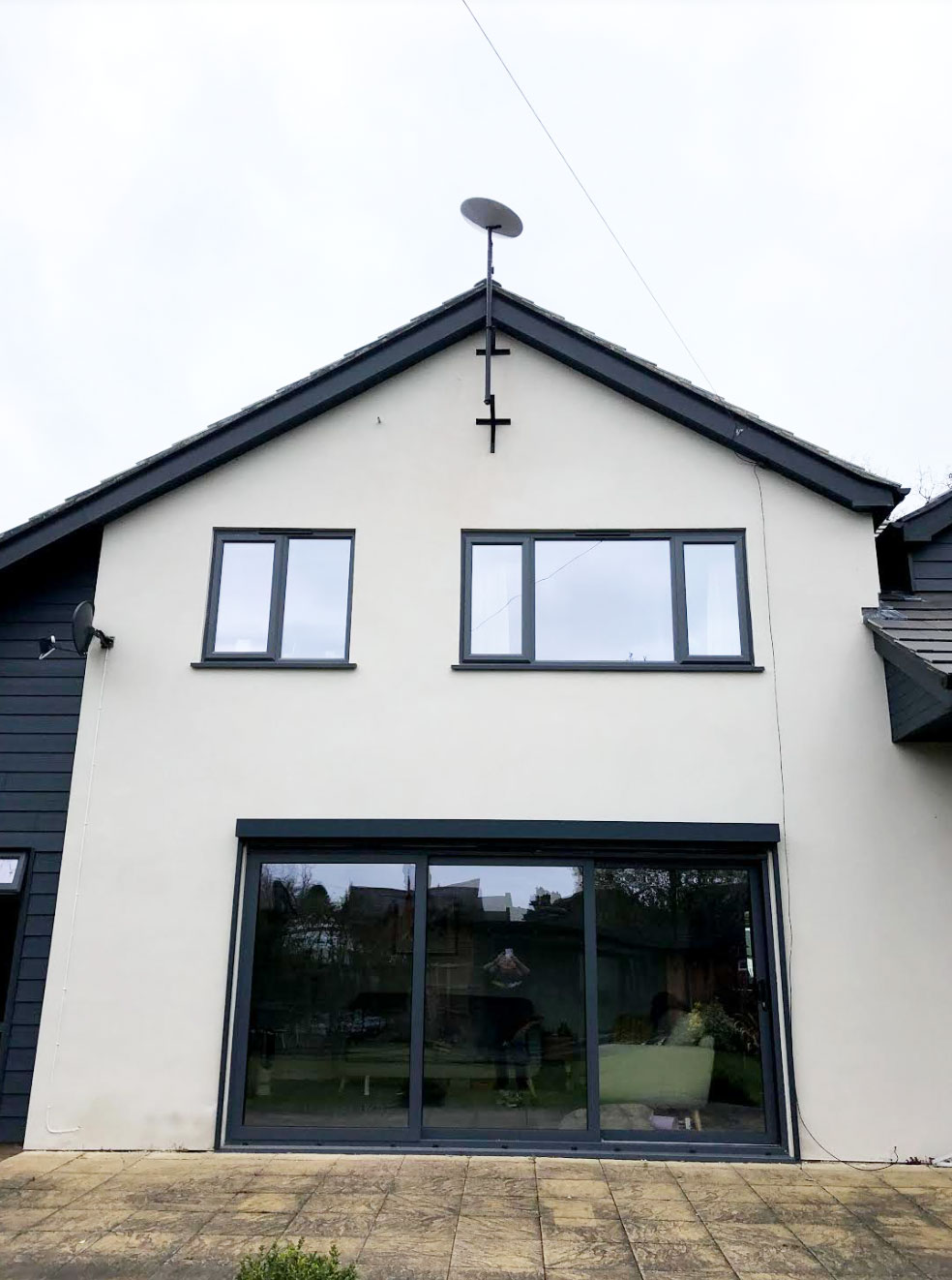 Starlink dish Installation on a lovely modern house in Chertsey in Surrey. Cable fed into loft to connect up to the router.